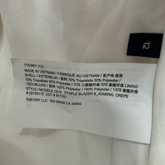Theory Staple Blazer Admiral Crepe Rice Ivory Women’s Size 12 NWT - Picture 6 of 9